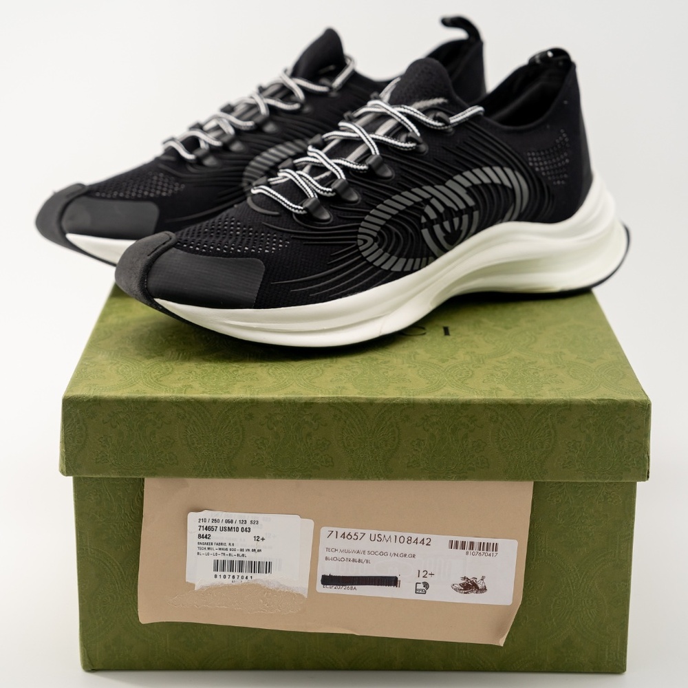Size G 12.5 US 13 Gucci Run Sneaker Black White Knit GG - Picture 9 of 10